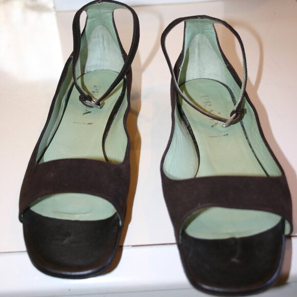 PRADA Itay Size 8M Vintage Dark Brown Suede FLATS Open Toe Ankle Strap Worn 1x - Picture 8 of 9